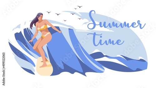 Summer surfing of girl or young woman surfer at board on ocean wave. Flat  vector illustration for summer sport activity and sea leisure hobby