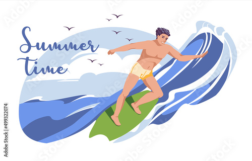 Summer surfing of young man surfer at board on ocean wave. Flat  vector illustration for summer sport activity and sea leisure hobby