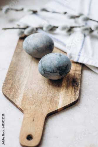 festively decorated Easter eggs painted with natural blue headlights by soaking in tea hyacinth tea
