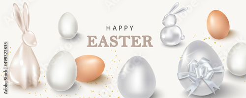 A horizontal banner with a happy Easter holiday. Easter banners with eggs, rabbit, golden confetti on a beige background. Vector illustration with 3d decorative objects.