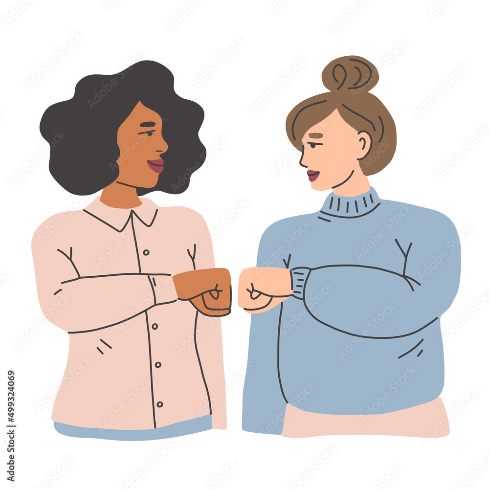 Fototapeta premium Two women bumping their fists as a greeting or sign of friendship. Alternative handshake vector illustration