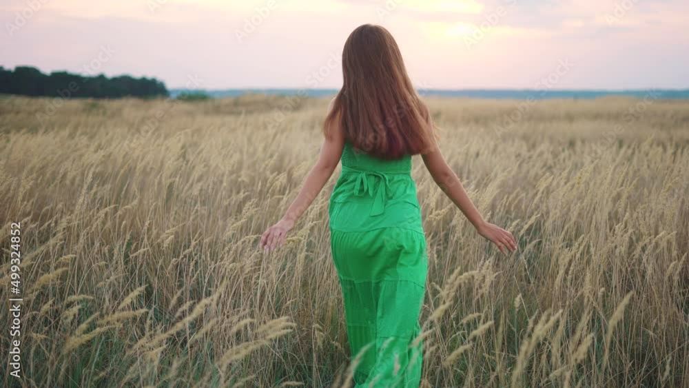 girl walk in the field in nature the park. freedom clean air unity with nature. free girl touching the grass in the park in the field. girl walk of sun a dress on fun the grass girl walk in the field in nature the park. freedom clean air unity with nature. free girl touching the grass in the park in the field. girl walk of sun a dress on fun the grass