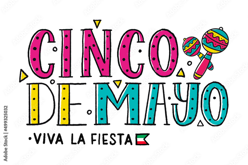 Cinco de mayo with lettering. May 5, federal holiday in Mexico. Poster with maracas. Viva la fiesta. Cartoon style. Vector banner