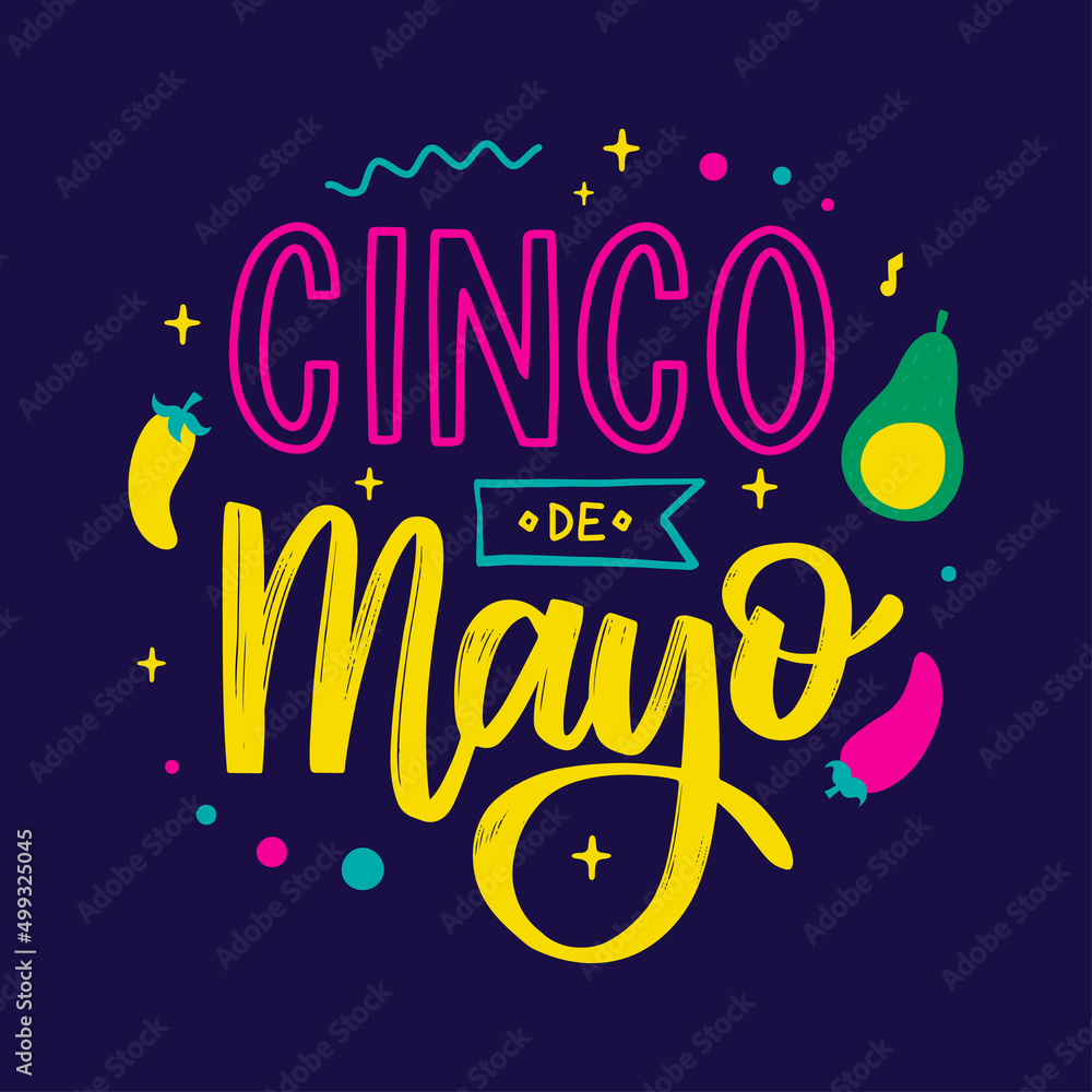 Cinco de mayo. Poster with lettering. May 5, federal holiday in Mexico. Pepper and avocado. Cartoon style. Vector banner