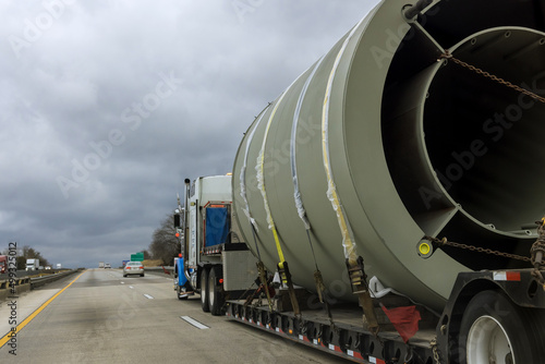 Trailer truck exceptional transport of bulky goods on the highway