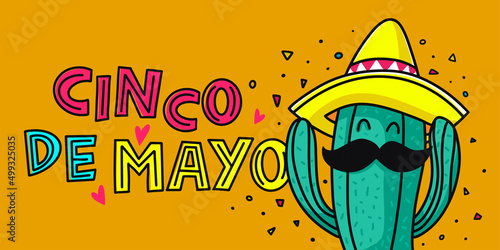 Cinco de mayo with lettering. May 5, federal holiday in Mexico. Poster with cactus in sombrero. Cartoon style.  Vector banner