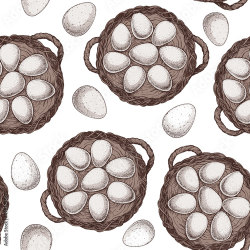Eggs in basket. Seamless pattern. Top view. Hand drawn vector illustration.