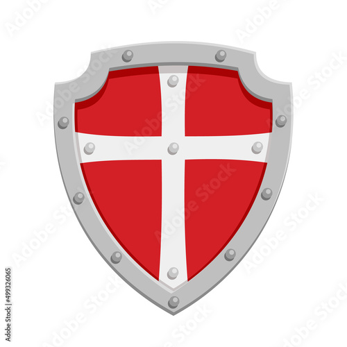 Medieval shield with a cross on a red background.Vector illustration isolated on white background