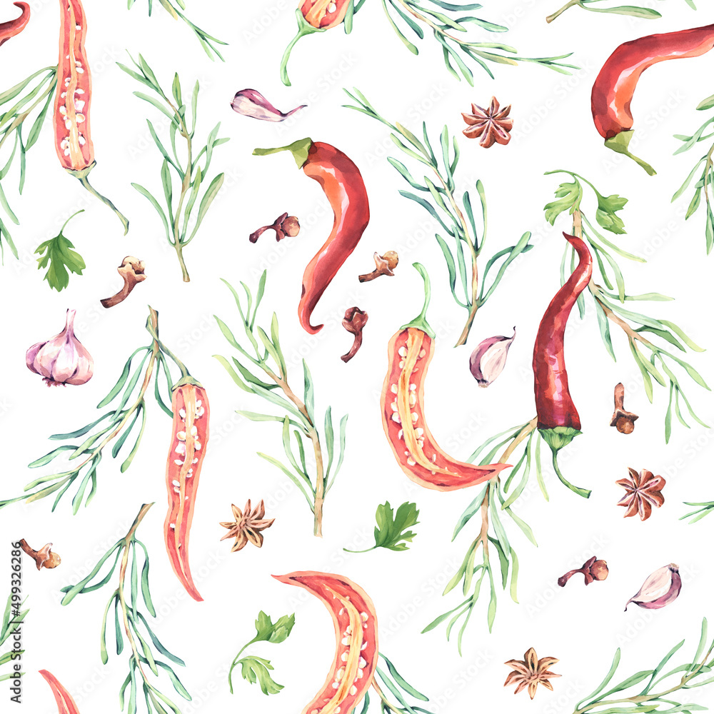 Naklejka premium Seamless pattern on a white background consists of various spices: hot pepper, rosemary, garlic, cloves, anise. Painted by hand in watercolor. Perfect for textiles, wrapping paper, menu design