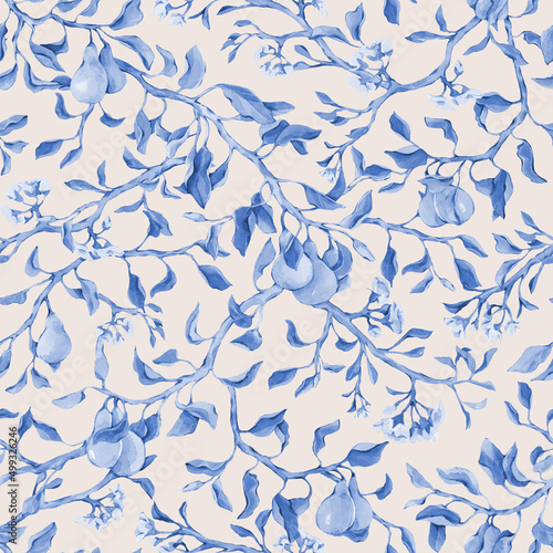 Wallpaper Mural Seamless pattern with pear branches, flowers and fruits, in blue tones on a light beige background. Hand drawn in watercolor, for textile, wallpaper, wrapping paper, wedding design. Torontodigital.ca