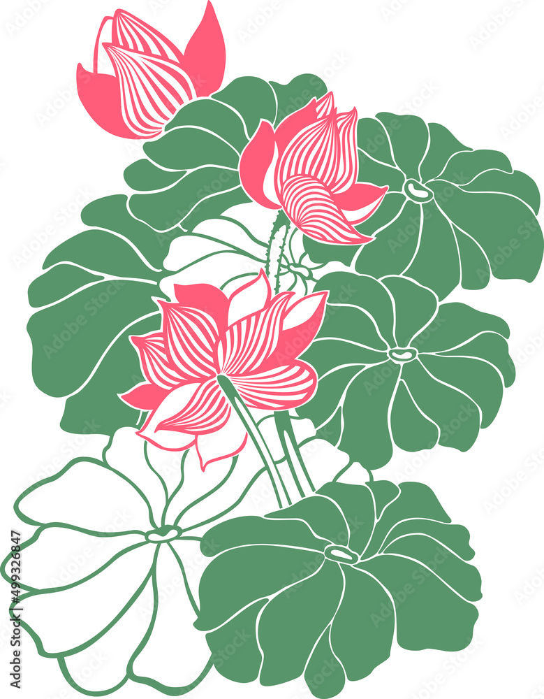 lotus flower composition, bloom and leaves, floral ornament