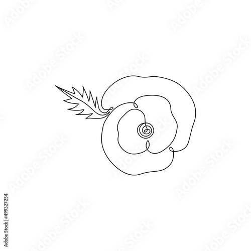 Remembrance poppy, emblem drawn in one line. Colorless. Continuous line drawing art. Isolated on white background. Minimalist art for memorial day, victory day, veterans day. Vector illustration.