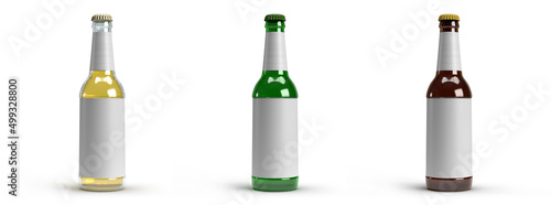 Three types of beer bottles isolated on white background 3D rendering