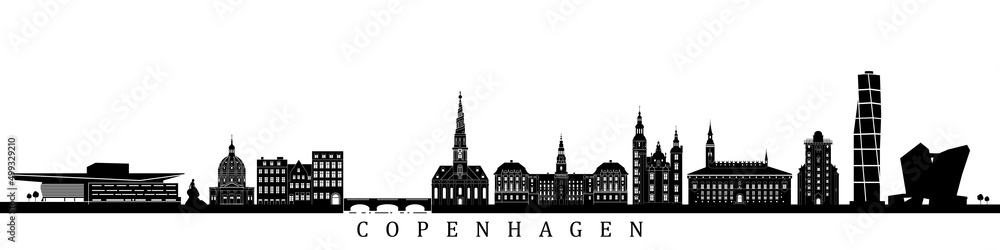 Copenhagen Landmarks Denmark City Skyline Black and White Vector Silhouette