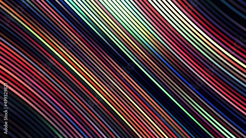Bending narrow lines of different colors and light glow. Motion. Curving stripes, view inside of space body with curved time and space.