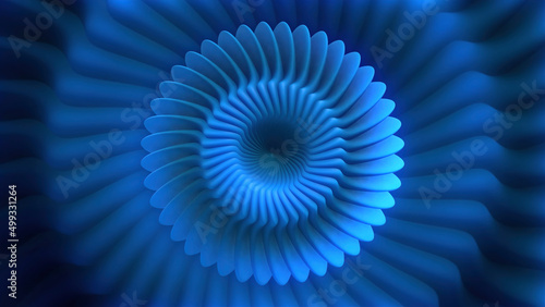 Blue beautiful optical illusion. Motion. Abstract background in the form of a swirling spiral similar to a flower with rays in constant transformation.