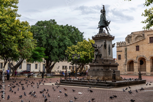 Santo Domingo, Dominican Republic - September, 2018: Columbus Statue and Cathedral in Columbus Park or Parque Colon. World Famous landmarks in Santo Domingo, Dominican Republic.