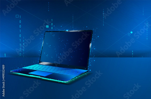 A notebook consisting of polygons. Laptop in a futuristic polygonal style with a skeleton, low-poly triangles. Internet, or digital, or a symbol of the device and computer. Vector illustration