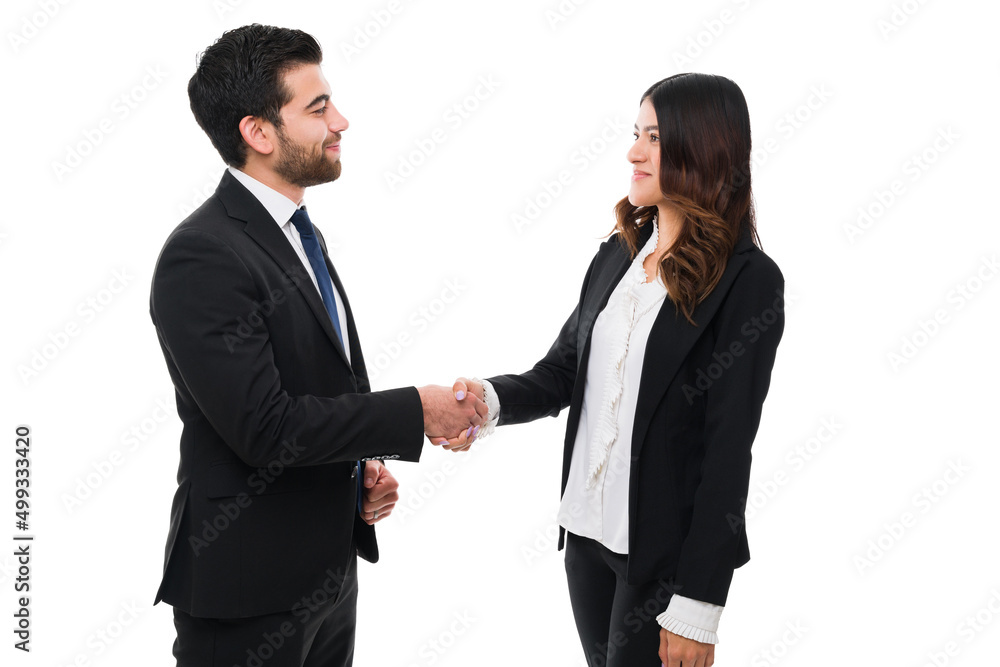 Young woman and man making business together Young woman and man making business together