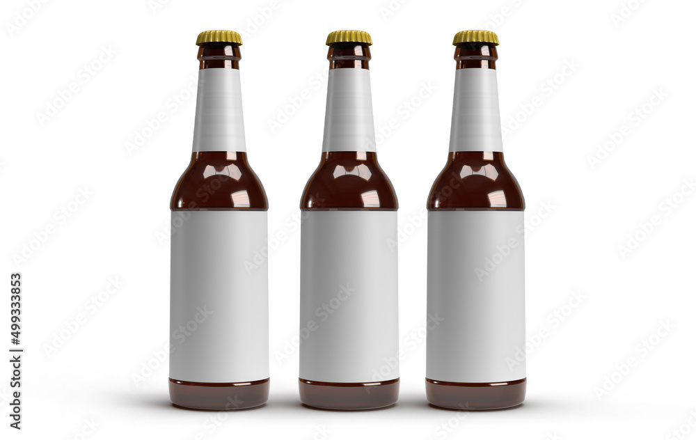 Tree beer bottles isolated on white background 3D rendering Tree beer bottles isolated on white background 3D rendering