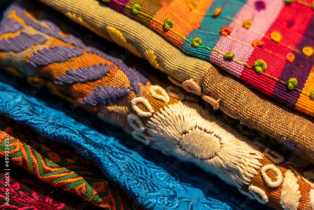 A Variety of Colorful Mexican Embroidered Fabrics