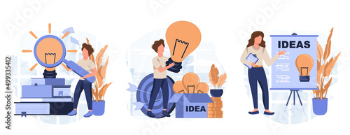 Finding ideas concept isolated person situations. Collection of scenes with people come up with new ideas, brainstorm, develop project plan and strategy. Vector illustration in flat design 
