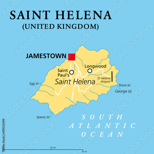 Saint Helena, political map. Tropical island and a British possession in the South Atlantic with capital Jamestown. Best known for being the site Napoleon was exiled to after his final defeat in 1815.
