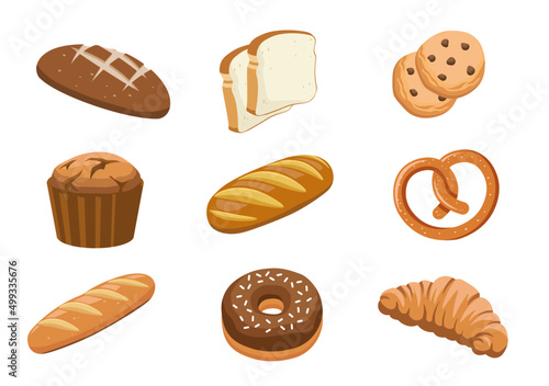 Set of bakery products flat vector illustrations. Bread, donut, croissant, muffin, cookies. Bakery food illustrations. Flour products. Baking Showcases icon.