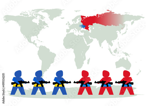 Icon paper soldiers pointing weapons at each other during Ukraine and Russian war on world map
