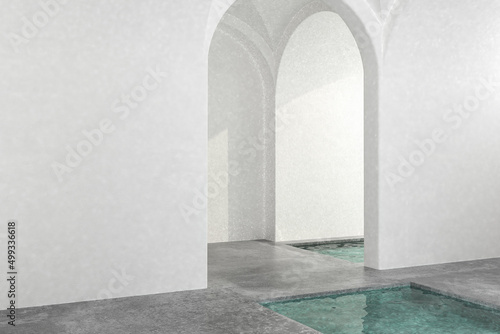 Empty room without furniture, white wall, concrete floor and soft skylight from window, simple minimalist interior architecture background with pool copy-space. 3d Rendering