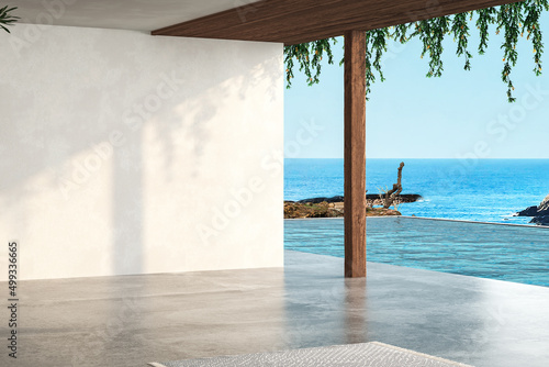 Sea view empty large living room of luxury summer beach house with swimming pool near terrace. Big white wall background in vacation home or holiday villa. 3D Rendering

