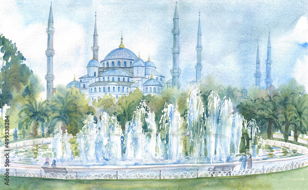 The Blue Mosque, Sultanahmet Camii in Istanbul, fountains and the park ...
