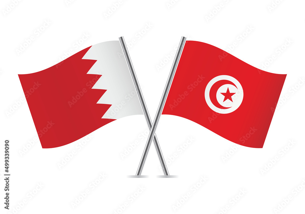 Obraz premium Bahrain and Tunisia crossed flags. Bahraini and Tunisian flags on white background. Vector icon set. Vector illustration.