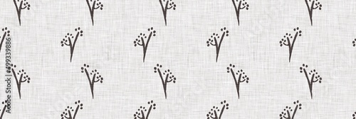 French grey botanical leaf linen border pattern with 2 tone country cottage style motif. Simple vintage rustic fabric textile effect. Primitive modern shabby chic kitchen cloth design.