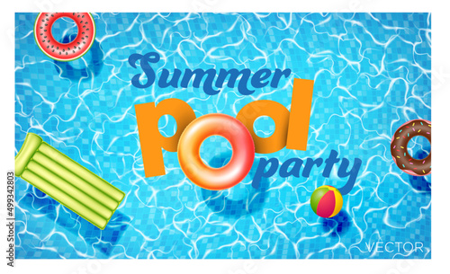 Inflatable mattress ball and pool rings in swimming pool umbrella. Poster template for summer vacation. Summer pool party. Flat style vector illustration