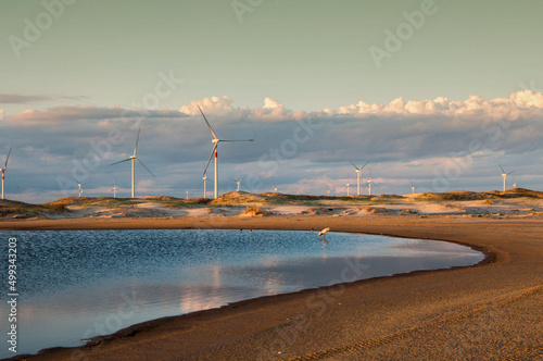 Photography wind turbines in the dunes with a lake and birds in front in the praia do cassin