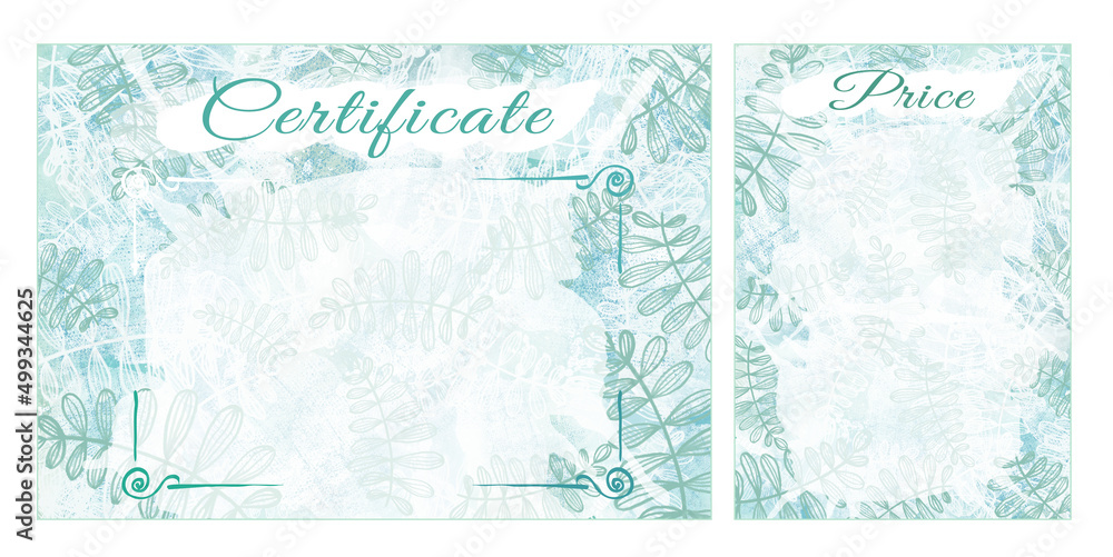 Set for business design, certificate and price list template. Watercolor abstract frames, blue and green gradient with leave texture. Certificate, diploma for printing
