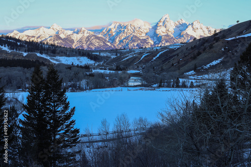Gros Ventre River Jackson Hole Wyoming  Grand Teton Mountain Range Sunrise Winter Snow