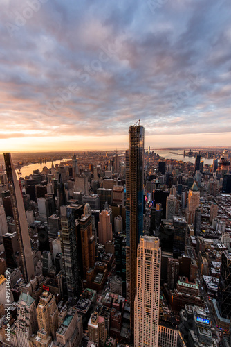 Aerial view of Manhattan at sunrise.