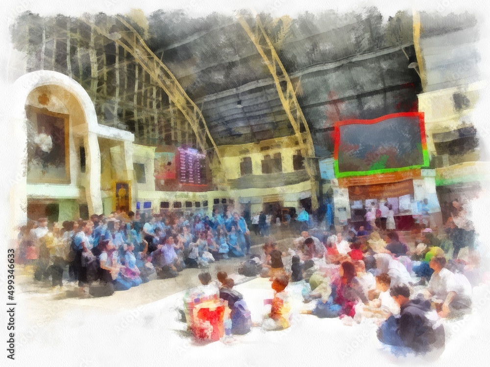 The scenery of the Thai train station watercolor style illustration impressionist painting.