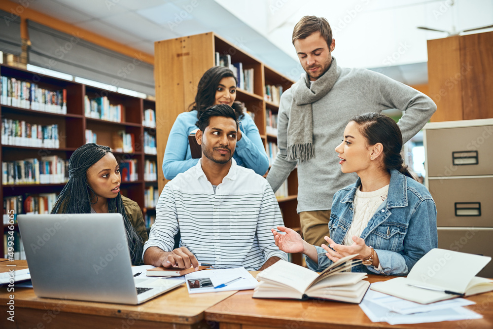 We all need a little explanation from time to time. Cropped shot of a group of university students studying in the library. We all need a little explanation from time to time. Cropped shot of a group of university students studying in the library.