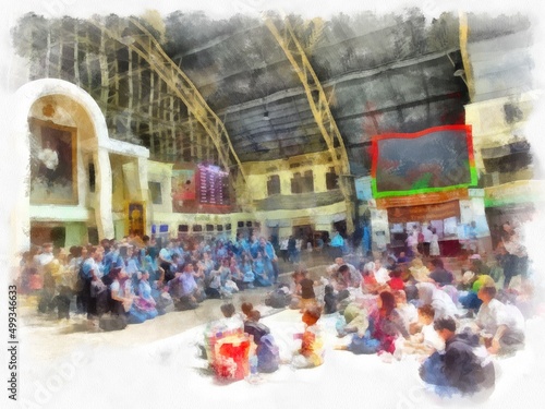 The scenery of the Thai train station watercolor style illustration impressionist painting. © Kittipong