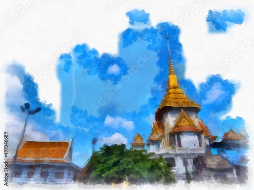 Landscape of ancient architecture in Bangkok watercolor style illustration impressionist painting.