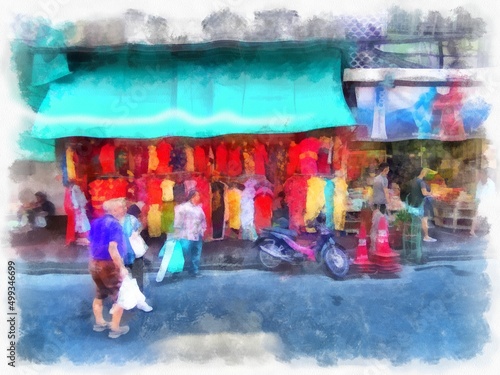 street landscape in bangkok watercolor style illustration impressionist painting. © Kittipong