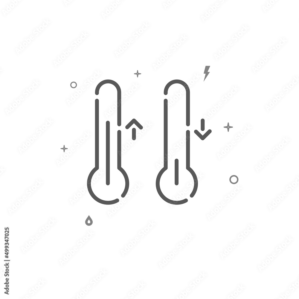 Thermometers, warming, cooling simple vector line icon, symbol, pictogram, sign isolated on white background. Editable stroke. Adjust line weight.