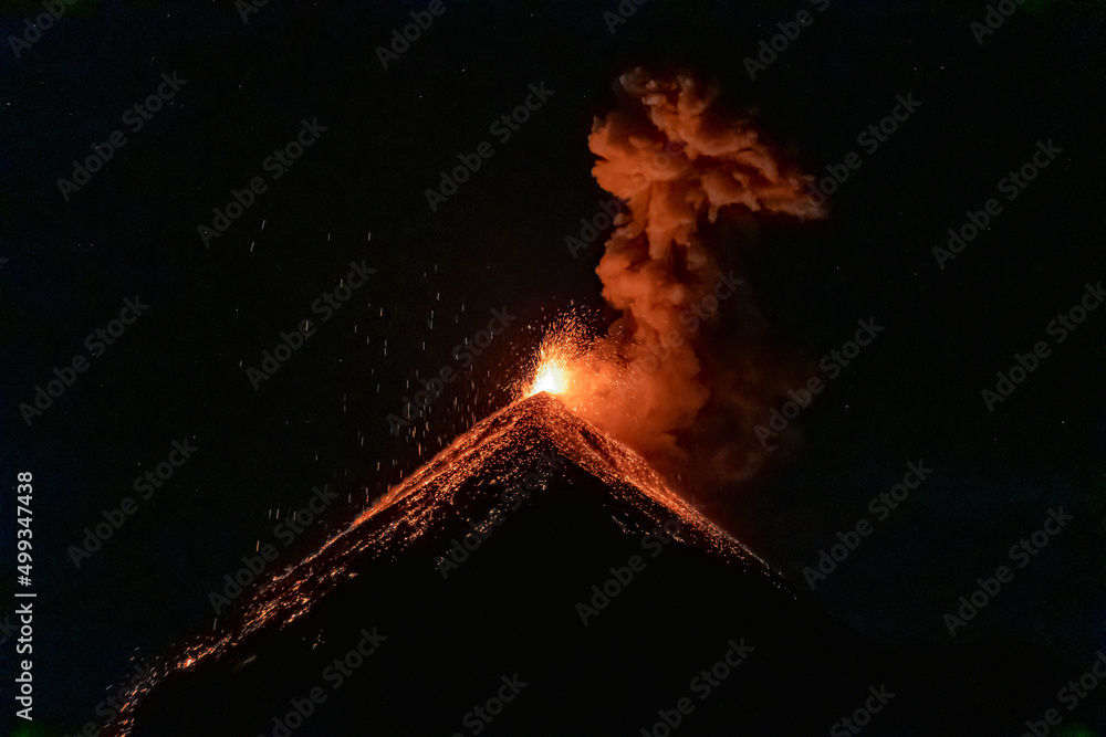 Fuego Volcano in Guatemala erupting at night. View from Acatenango.