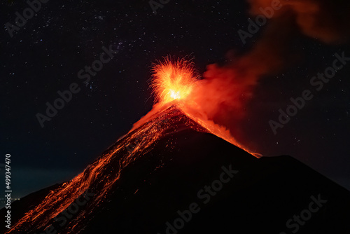 Fuego Volcano in Guatemala erupting at night. View from Acatenango.
