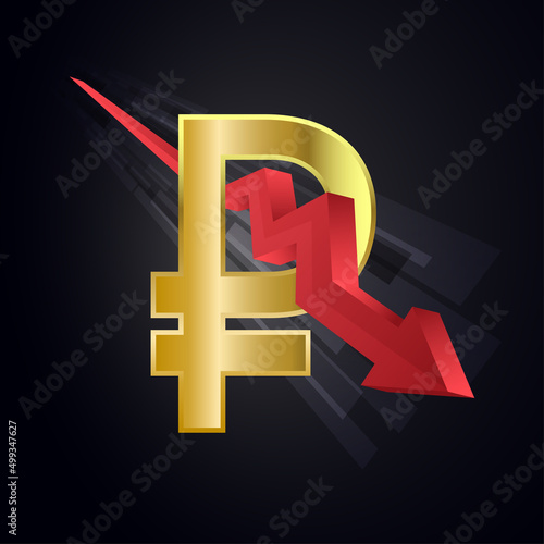 Russian ruble red downfall crisis of economy. Vector illustration.