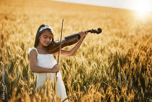 Play along to the song in your heart. Portrait of a cute little girl playing the violin while standing in a cornfield.