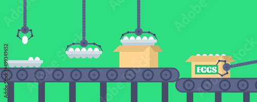 organic eggs conveyor automatic line robotic arms packaging boxes vector illustration